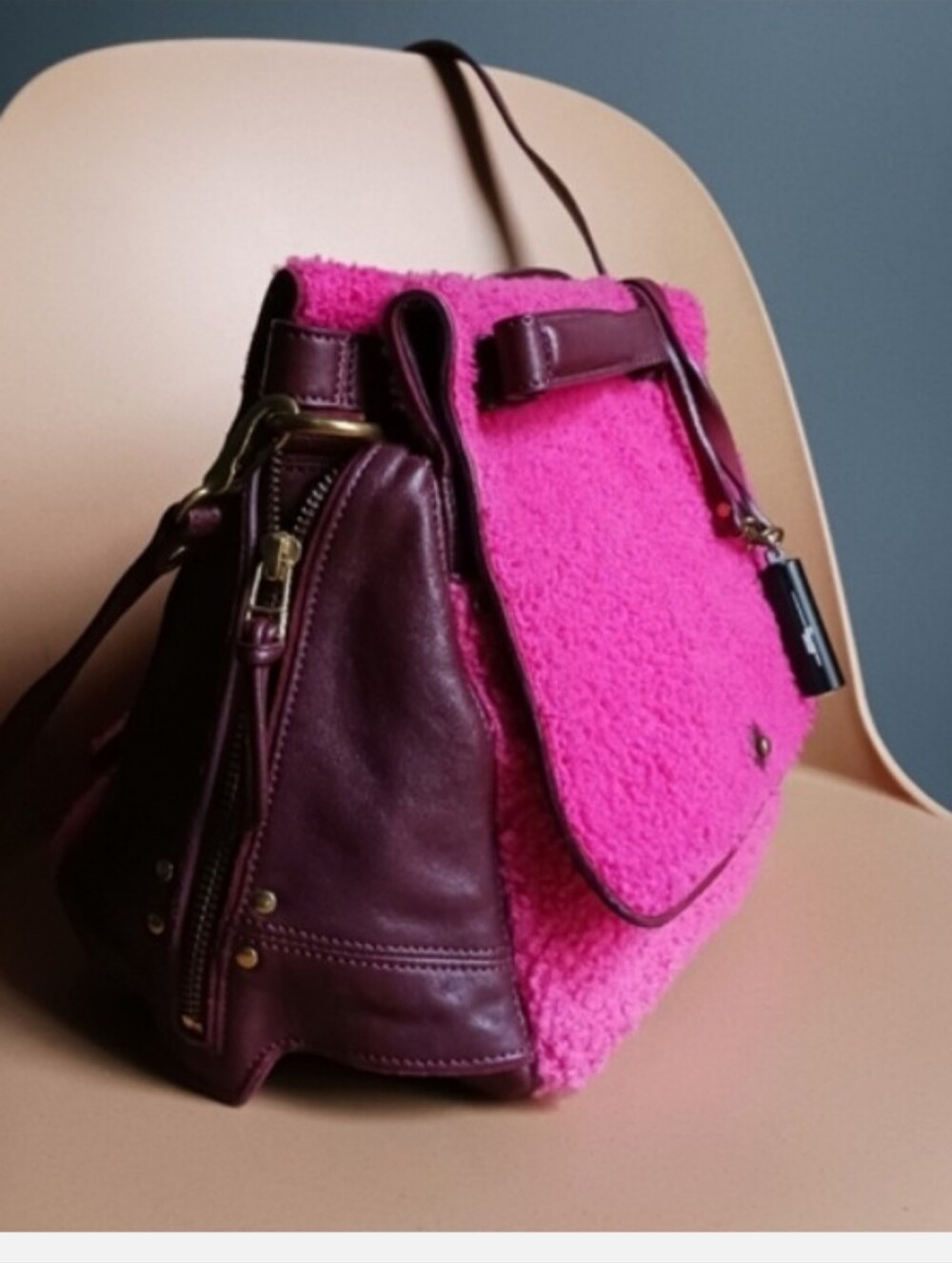 Jerome Dreyfuss Johan Pink Sherpa/ Burgundy Leather Crossbody Bag. - Picture 6 of 16